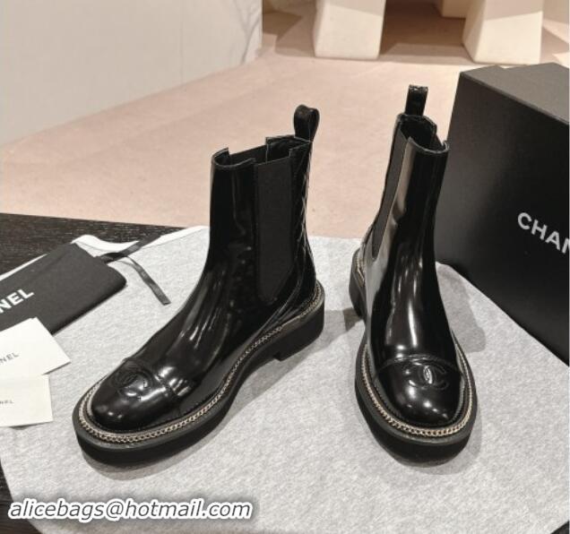 Most Popular Chanel Patent Calfskin & Elastic Ankle Boots with Logo Stud and Chain Black 909058