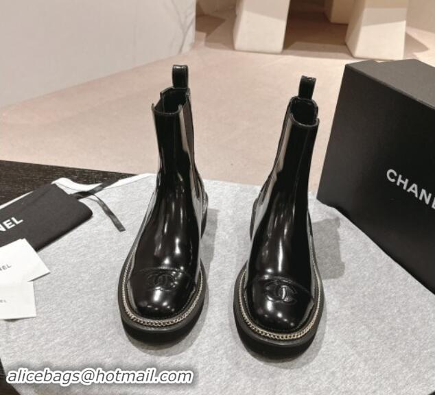 Most Popular Chanel Patent Calfskin & Elastic Ankle Boots with Logo Stud and Chain Black 909058