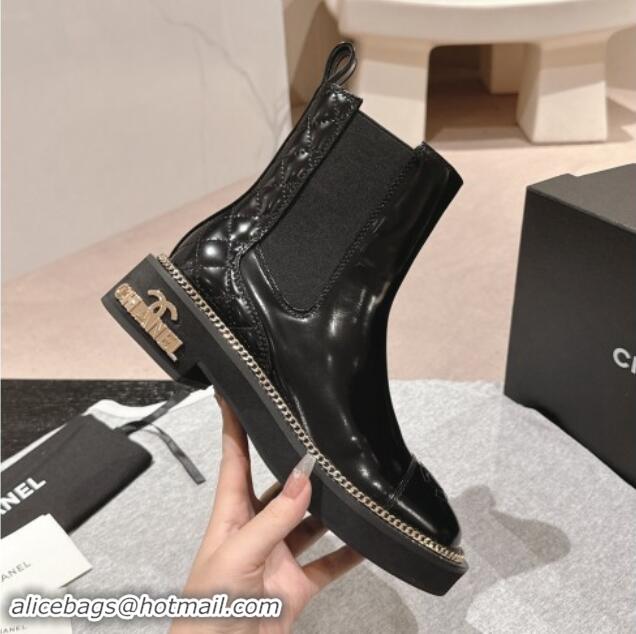 Most Popular Chanel Patent Calfskin & Elastic Ankle Boots with Logo Stud and Chain Black 909058