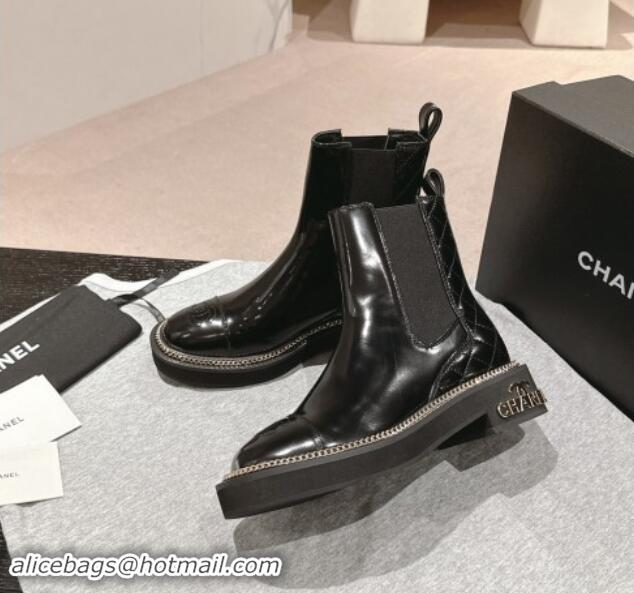 Most Popular Chanel Patent Calfskin & Elastic Ankle Boots with Logo Stud and Chain Black 909058