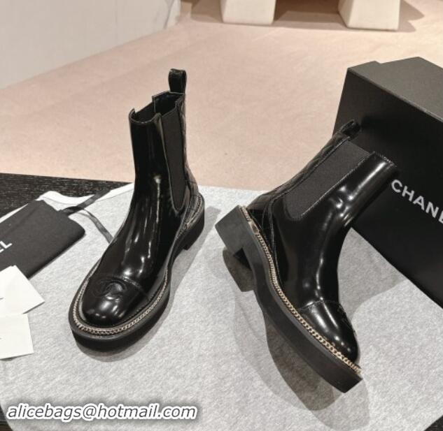 Most Popular Chanel Patent Calfskin & Elastic Ankle Boots with Logo Stud and Chain Black 909058