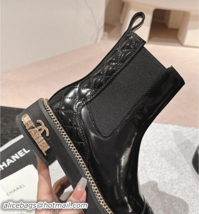 Most Popular Chanel Patent Calfskin & Elastic Ankle Boots with Logo Stud and Chain Black 909058