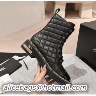 Cheap Chanel Quilted Calfskin lace-up Ankle Boots with Logo Stud and Chain Black 0909061