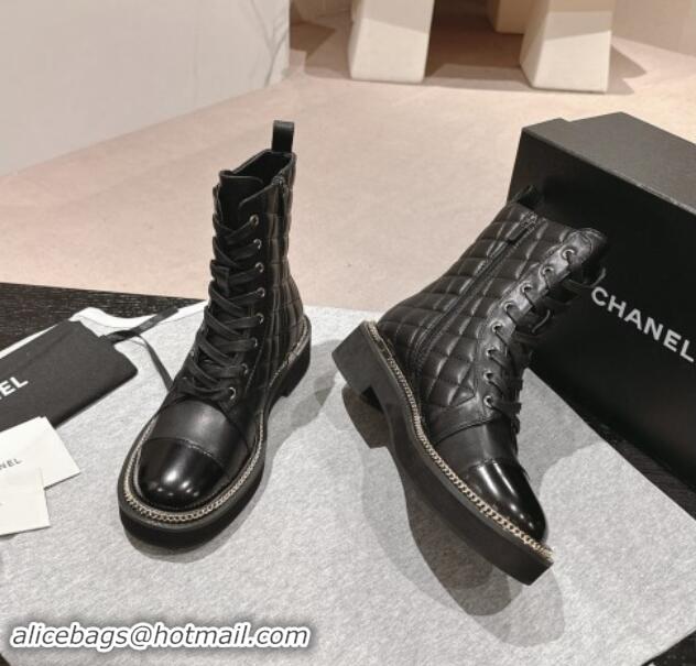 Cheap Chanel Quilted Calfskin lace-up Ankle Boots with Logo Stud and Chain Black 0909061