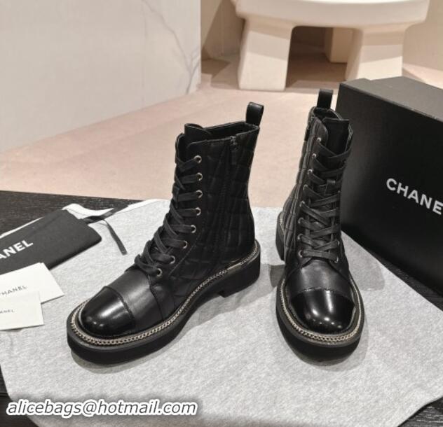 Cheap Chanel Quilted Calfskin lace-up Ankle Boots with Logo Stud and Chain Black 0909061