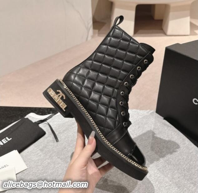 Cheap Chanel Quilted Calfskin lace-up Ankle Boots with Logo Stud and Chain Black 0909061