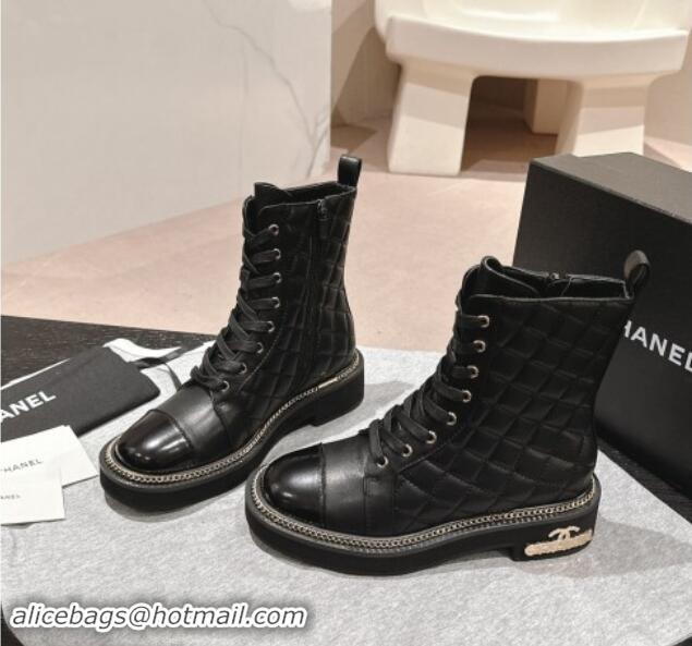 Cheap Chanel Quilted Calfskin lace-up Ankle Boots with Logo Stud and Chain Black 0909061