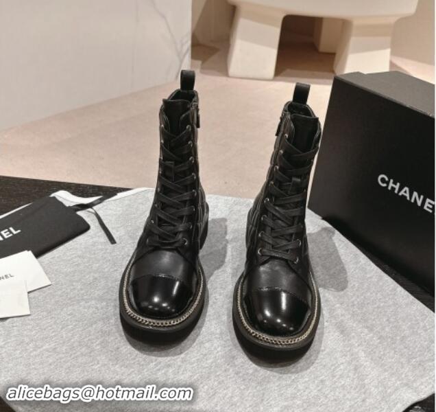 Cheap Chanel Quilted Calfskin lace-up Ankle Boots with Logo Stud and Chain Black 0909061