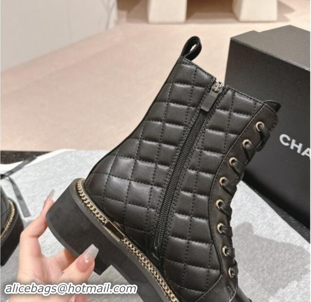 Cheap Chanel Quilted Calfskin lace-up Ankle Boots with Logo Stud and Chain Black 0909061