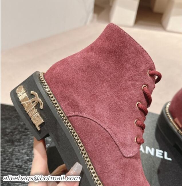 Sumptuous Chanel Suede Lace-up Ankle Boots with Logo Stud and Chain Burgundy 909063