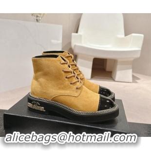 Good Quality Chanel Suede Lace-up Ankle Boots with Logo Stud and Chain Yellow 909064