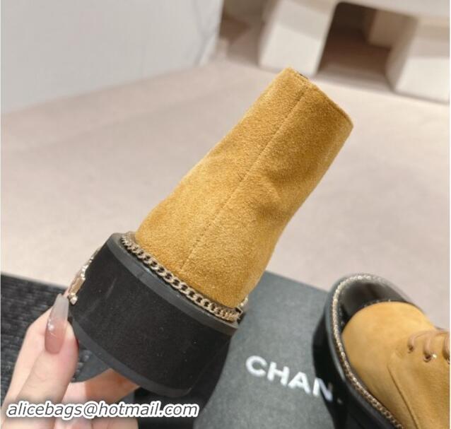 Good Quality Chanel Suede Lace-up Ankle Boots with Logo Stud and Chain Yellow 909064