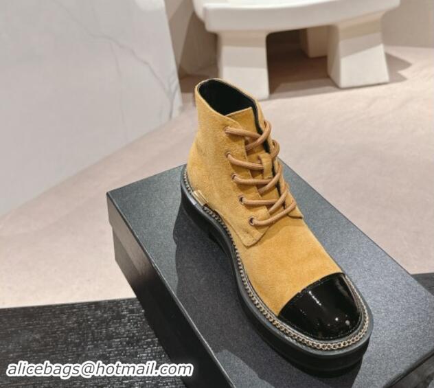 Good Quality Chanel Suede Lace-up Ankle Boots with Logo Stud and Chain Yellow 909064