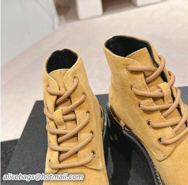 Good Quality Chanel Suede Lace-up Ankle Boots with Logo Stud and Chain Yellow 909064