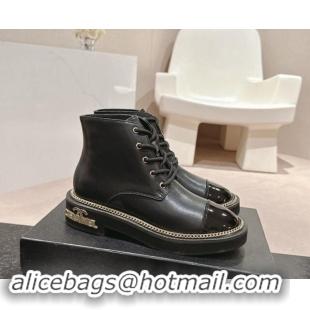 Pretty Style Chanel Smooth Calfskin Lace-up Ankle Boots with Logo Stud and Chain Black 909065