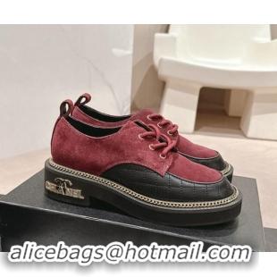 Good Looking Chanel Suede & Calfskin Lace-up Shoes with Logo Stud and Chain Burgundy 909067