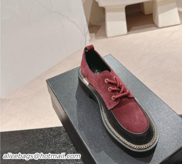 Good Looking Chanel Suede & Calfskin Lace-up Shoes with Logo Stud and Chain Burgundy 909067