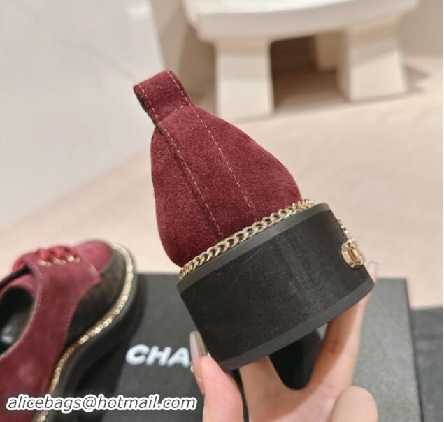 Good Looking Chanel Suede & Calfskin Lace-up Shoes with Logo Stud and Chain Burgundy 909067