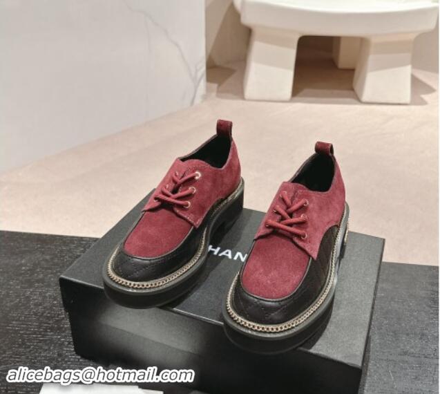 Good Looking Chanel Suede & Calfskin Lace-up Shoes with Logo Stud and Chain Burgundy 909067