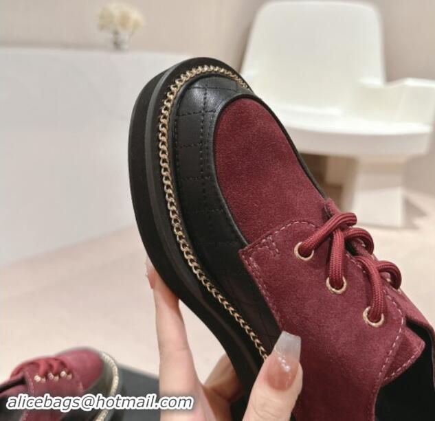 Good Looking Chanel Suede & Calfskin Lace-up Shoes with Logo Stud and Chain Burgundy 909067