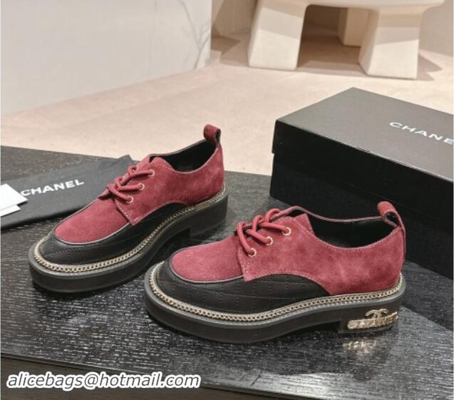 Good Looking Chanel Suede & Calfskin Lace-up Shoes with Logo Stud and Chain Burgundy 909067