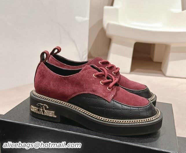 Good Looking Chanel Suede & Calfskin Lace-up Shoes with Logo Stud and Chain Burgundy 909067