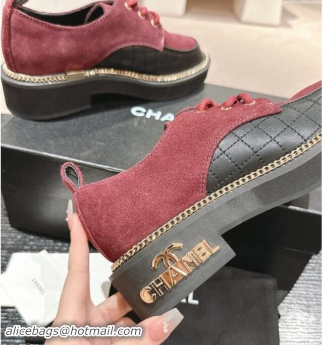 Good Looking Chanel Suede & Calfskin Lace-up Shoes with Logo Stud and Chain Burgundy 909067