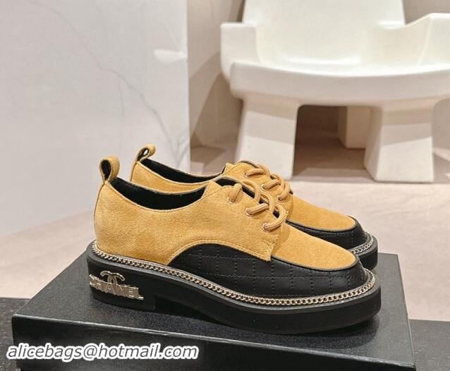 Best Grade Chanel Suede & Calfskin Lace-up Shoes with Logo Stud and Chain Yellow 909068