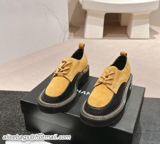 Best Grade Chanel Suede & Calfskin Lace-up Shoes with Logo Stud and Chain Yellow 909068