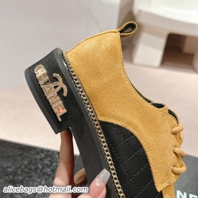 Best Grade Chanel Suede & Calfskin Lace-up Shoes with Logo Stud and Chain Yellow 909068