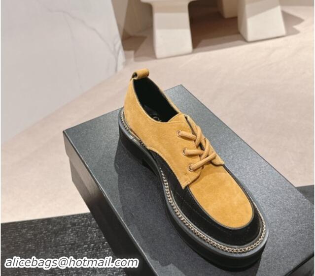 Best Grade Chanel Suede & Calfskin Lace-up Shoes with Logo Stud and Chain Yellow 909068