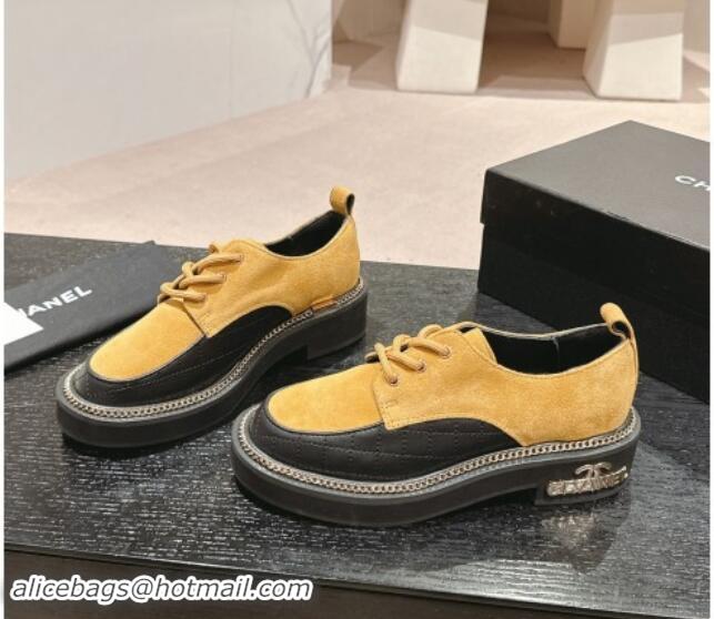 Best Grade Chanel Suede & Calfskin Lace-up Shoes with Logo Stud and Chain Yellow 909068