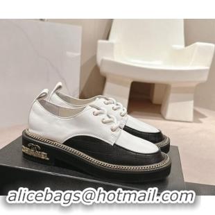 Popular Style Chanel Quilted & Calfskin Lace-up Shoes with Logo Stud and Chain White 909070