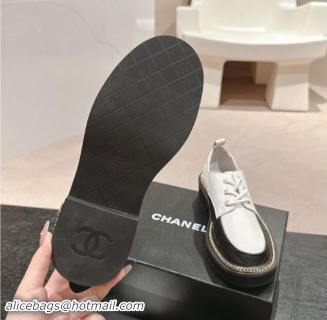 Popular Style Chanel Quilted & Calfskin Lace-up Shoes with Logo Stud and Chain White 909070