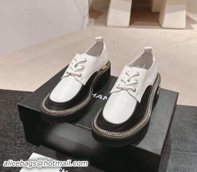 Popular Style Chanel Quilted & Calfskin Lace-up Shoes with Logo Stud and Chain White 909070