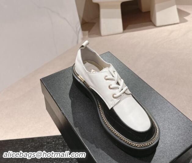 Popular Style Chanel Quilted & Calfskin Lace-up Shoes with Logo Stud and Chain White 909070