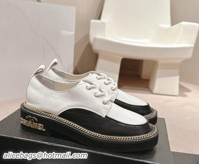 Popular Style Chanel Quilted & Calfskin Lace-up Shoes with Logo Stud and Chain White 909070