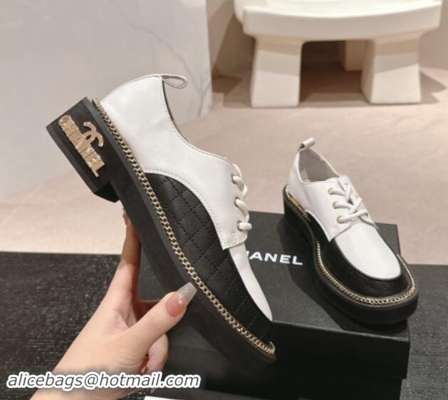 Popular Style Chanel Quilted & Calfskin Lace-up Shoes with Logo Stud and Chain White 909070