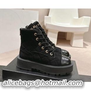 Unique Style Chanel Suede Lace-up Platform Ankle Boots Black 909071