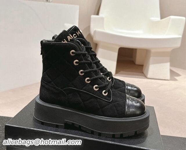 Unique Style Chanel Suede Lace-up Platform Ankle Boots Black 909071