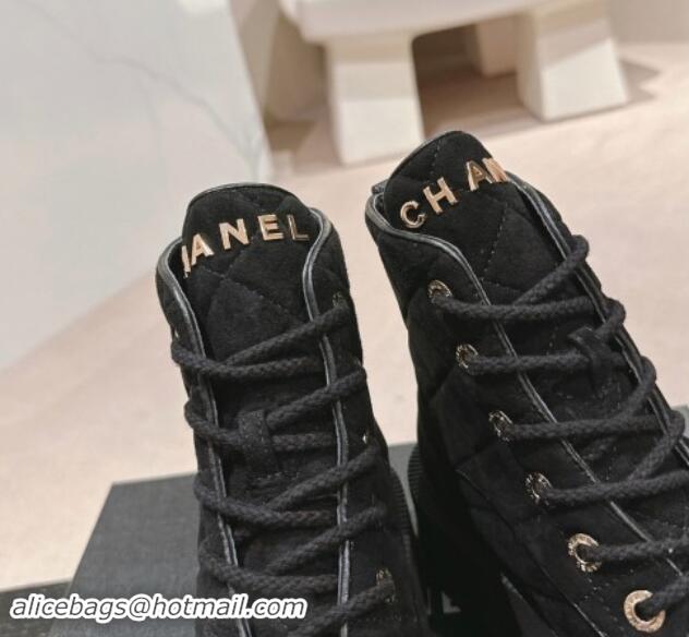 Unique Style Chanel Suede Lace-up Platform Ankle Boots Black 909071