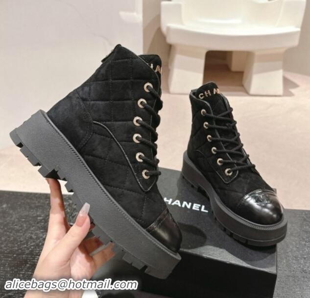 Unique Style Chanel Suede Lace-up Platform Ankle Boots Black 909071