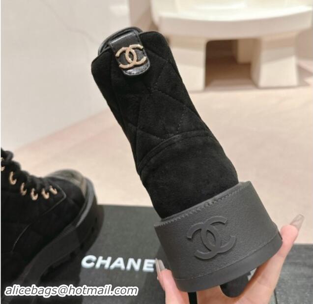 Unique Style Chanel Suede Lace-up Platform Ankle Boots Black 909071