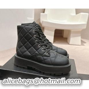 Charming Chanel Quilted Aged Calfskin Lace-up Platform Ankle Boots Black 909072