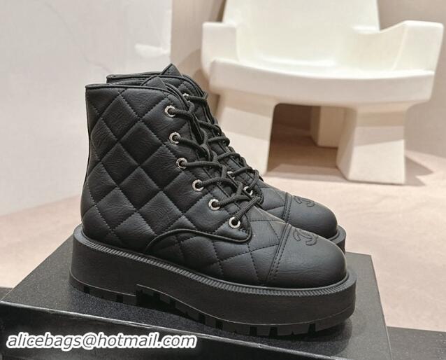 Charming Chanel Quilted Aged Calfskin Lace-up Platform Ankle Boots Black 909072