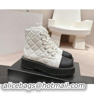 Good Quality Chanel Quilted Aged Calfskin Lace-up Platform Ankle Boots White 909073