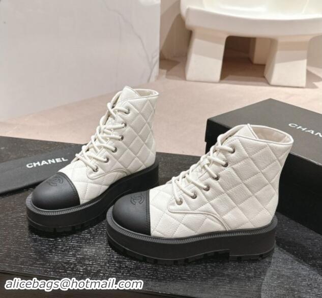 Good Quality Chanel Quilted Aged Calfskin Lace-up Platform Ankle Boots White 909073