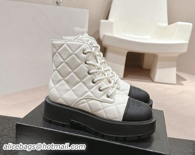 Good Quality Chanel Quilted Aged Calfskin Lace-up Platform Ankle Boots White 909073