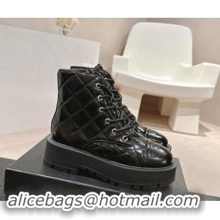 Shop Duplicate Chanel Patent Quilted Calfskin Lace-up Platform Ankle Boots Black 909074