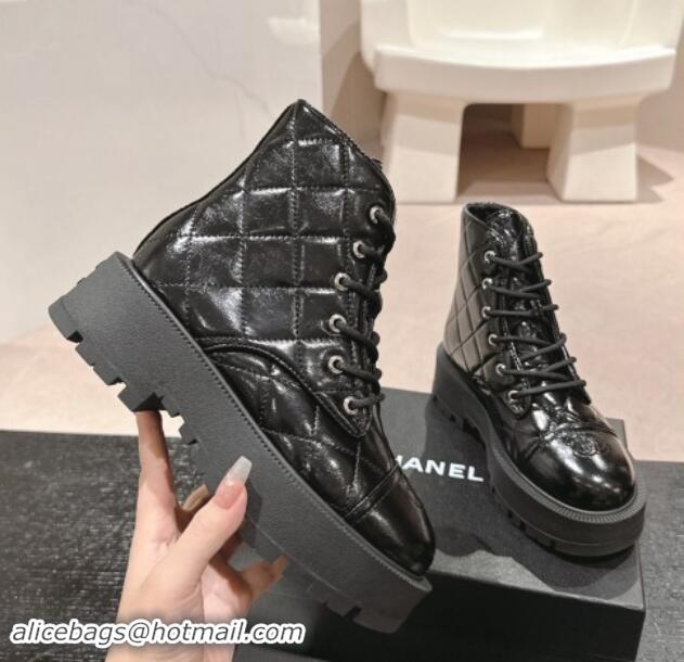 Shop Duplicate Chanel Patent Quilted Calfskin Lace-up Platform Ankle Boots Black 909074